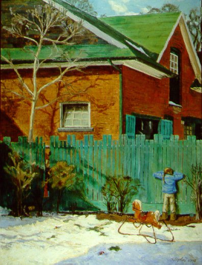 C80201: Green Fence I - Hide & Seek - Beautiful city landscapes paintings of freelance scientific illustrator and plein-air artist Patrice Stephens-Bourgeault