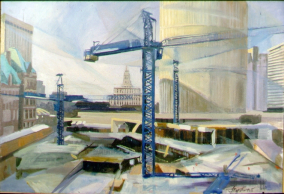 D0MM01: Blue Crane - Morning -  Royal Ontario Museum, Toronto, Ontario, Canada. This piece of artwork was created from the second floor of what is now Indigo's Bookstore in the Eaton's Center. The view is towards the west with Bell Trinity Square under construction and Toronto City Hall in the right background - Beautiful Ontario landscape paintings of freelance scientific illustrator and plein-air fine arts artist Patrice Stephens-Bourgeault
