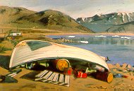 D4070h: Repairing the Padloping Island Boat - Beautiful Arctic landscapes paintings of freelance scientific illustrator and plein-air artist Patrice Stephens-Bourgeault